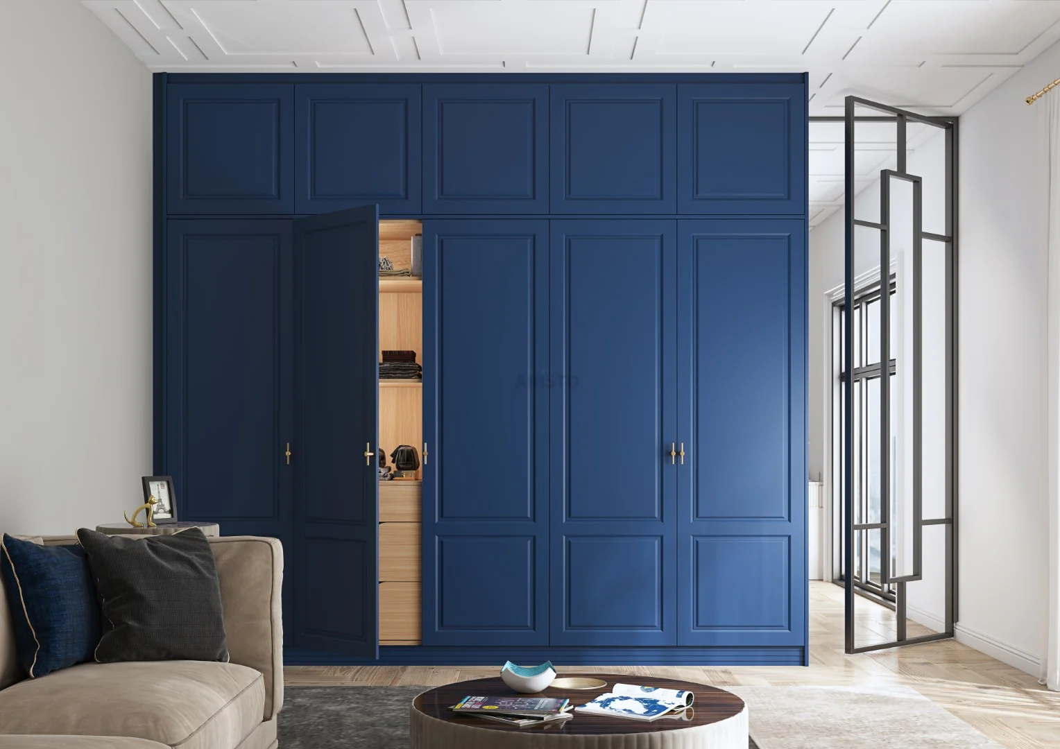 D’designer presents a blue floor-to-ceiling open door wardrobe, embodying premium design and functionality for a stylish and organized bedroom.